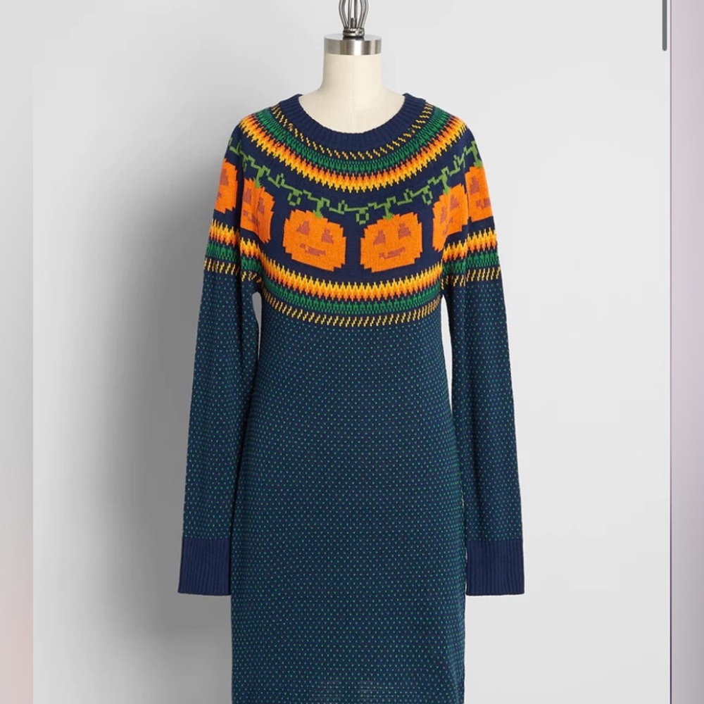 Modcloth Cozy Commitment Sweater Dress in Navy Pumpkin